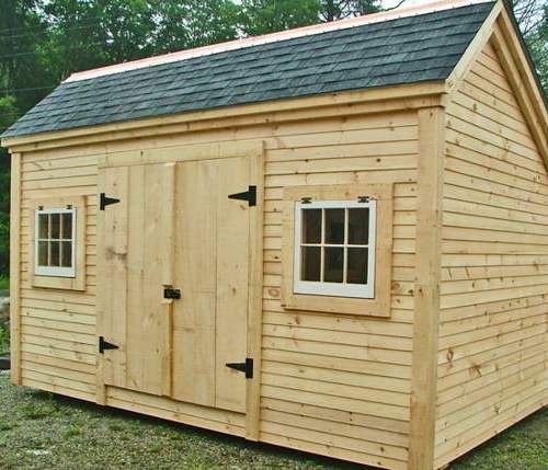10x14 Church Street post and beam storage shed with clapboard siding