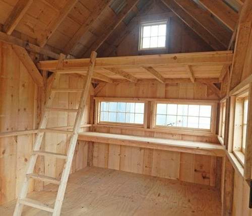10x16 Hobby House inludes a loft, ladder, workbench and barn sash windows
