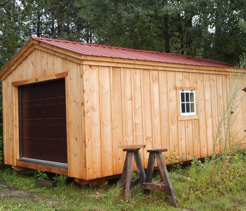 12x20 Garage - Custom Exterior with Window, Brown Overhead Garage Door and Autumn Red Roof