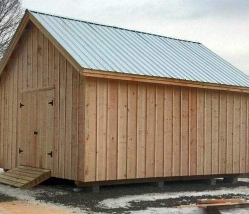 16x20 Barn with pine board and batten siding, double barn doors, pressure treated ramp and a corrugated metal roof (silver galvanized color upgrade)