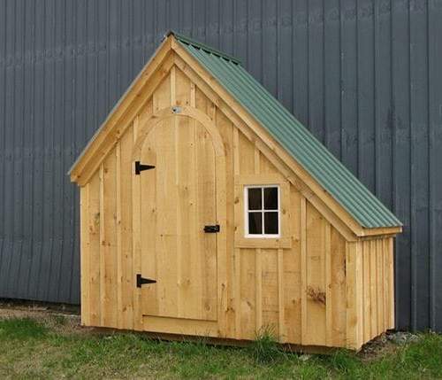 The 4x10 Hardware Shed includes pine board and batten siding, evergreen roof, 16x21 fixed barn sash window and arched door.