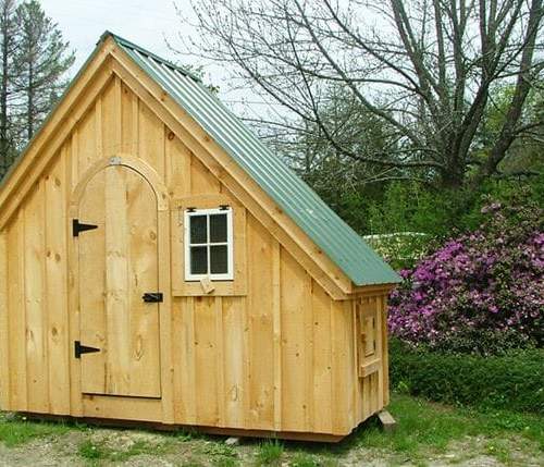 6x10 Hardware Shed as Chicken Coop with coop door on one side.