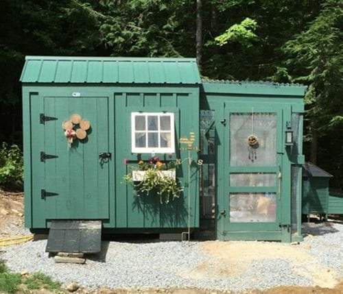 6x8 Nantucket post and beam green chicken coop with flower box