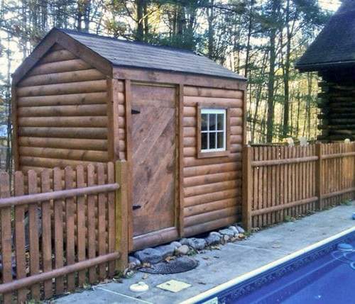 6x8 Nantucket poolhouse with log cabin siding and asphalt shingle roof