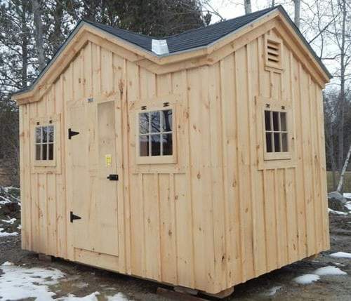 8x12 Cross Gable with asphalt shingle roof, extra barn sash windows and a single pine door
