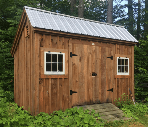 8x12 Saltbox with Ash Gray metal roof and stained siding