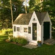 8x12 Dollhouse with Vermont quarried slate roof, clapboard pine siding and shutters.