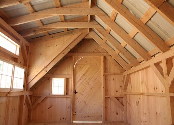 Post and bean 10x16 Smithaven interior with rough sawn hemlock post and beam interior