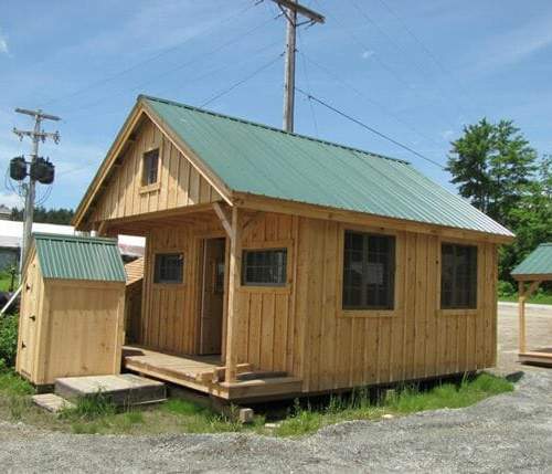 16x20 Vermont Cottage Option C includes a covered porch with a loft that extends ove rit.