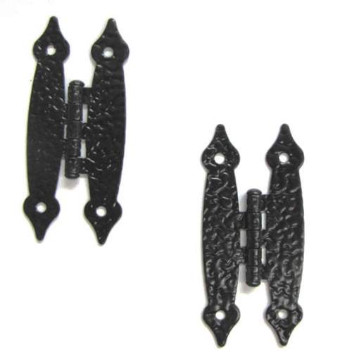 Set of two black ornamental cabinet hinges. 3 1/2" L and 1 1/2" across.
